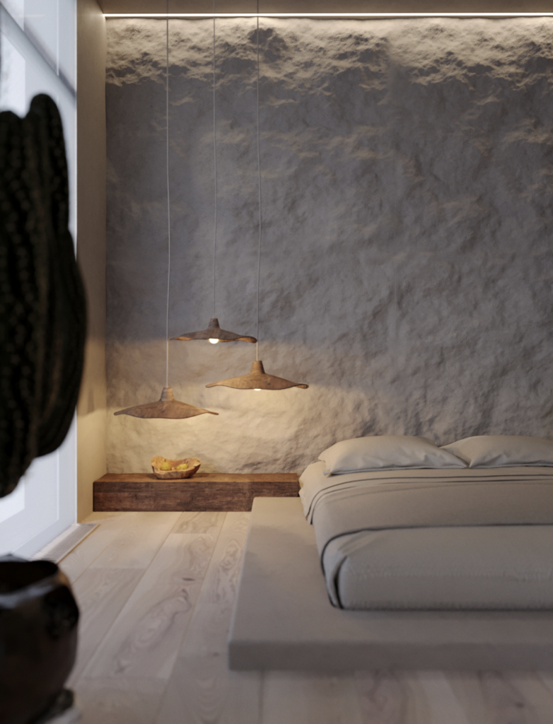 Dormitorio estilo wabi sabi con luminarias también propias de este estilo, proyectando una luz tenue, indirecta y cálida.