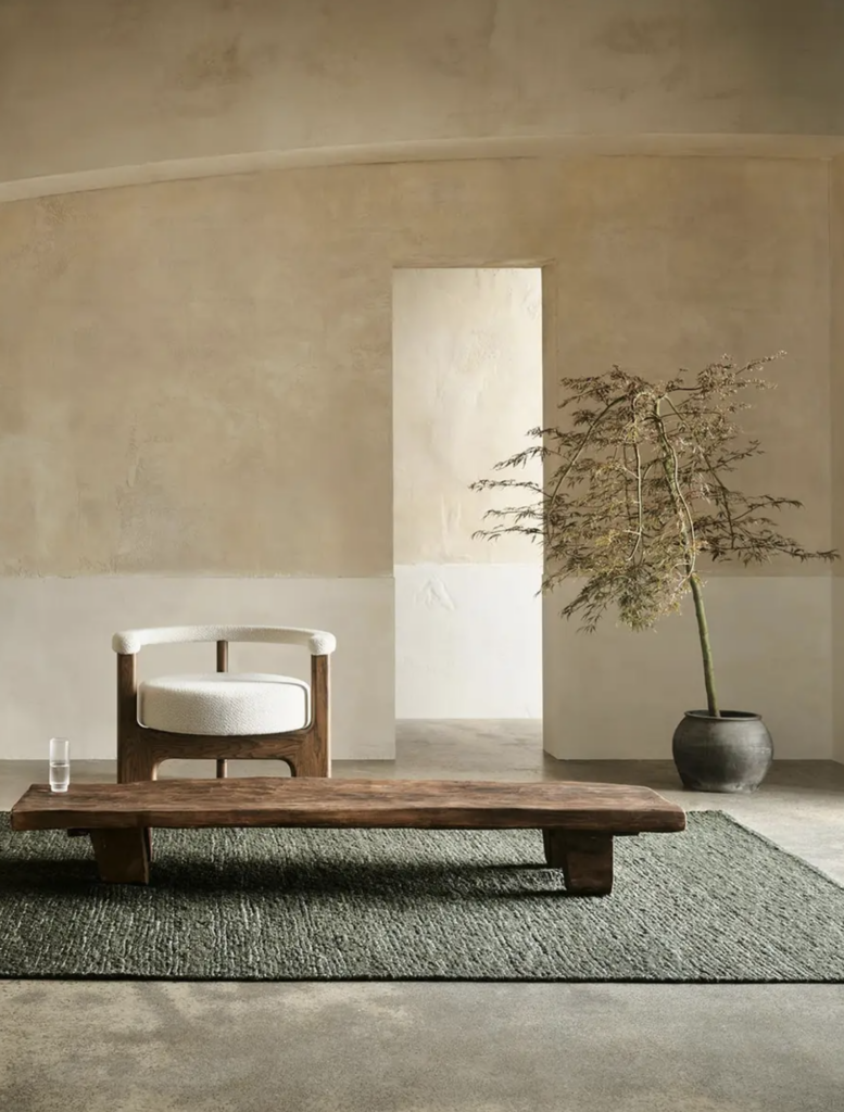 Composición con mesa baja, asiento, alfombra y planta que ejemplifica la paleta de color del estilo wabi sabi.