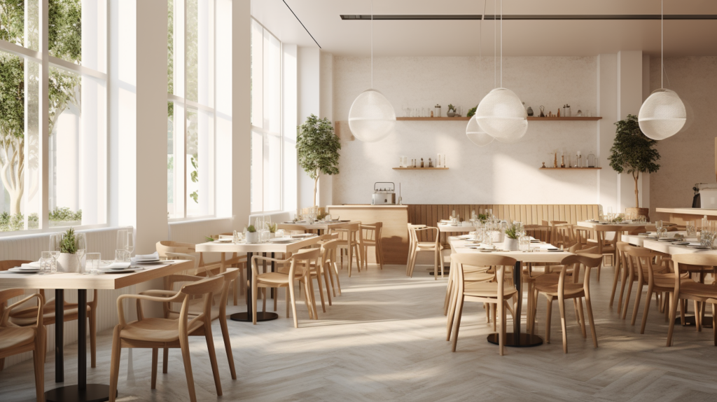 Prototipo de un restaurante de diseño minimalista y cálido.